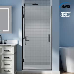 34 in. W x 72 in. H Frameless Hinged Shower Door in Black with Handle and Clear Glass
