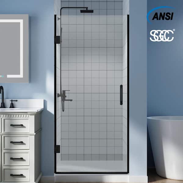 ES-DIY 34 in. W x 72 in. H Frameless Hinged Shower Door in Black with Handle and Clear Glass
