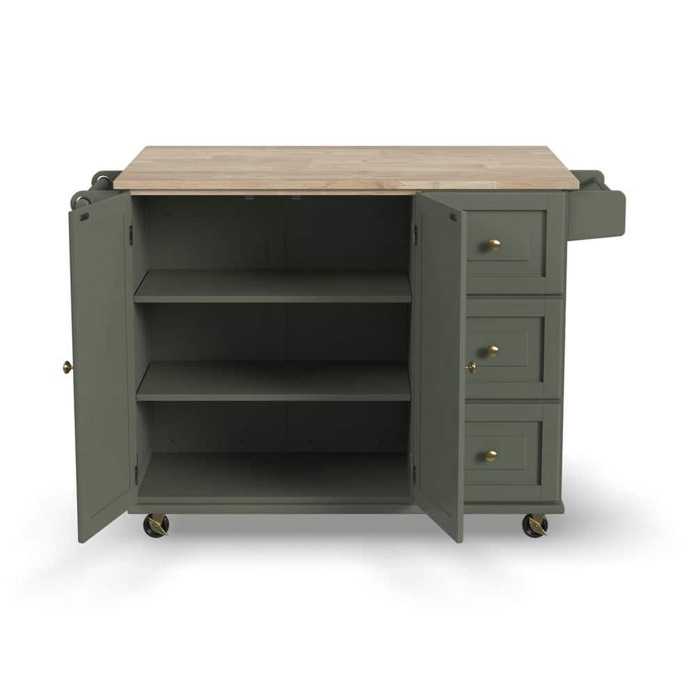 Sage Green Wood Kitchen Cart with Storage and Spice Rack