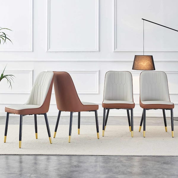 Polibi Modern Brown/Light Gray PU Leather Seat Dining Chairs Set of 4 for Kitchen, Living, Dining Room