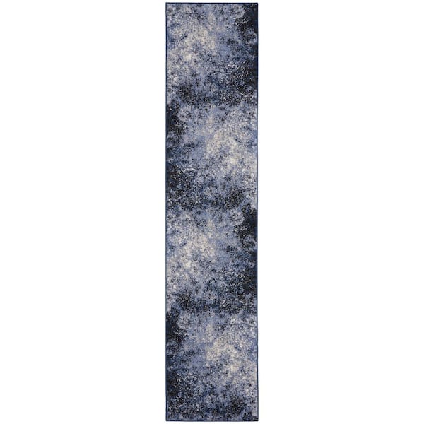 Nourison Passion Light Blue Black 2 ft. x 10 ft. Abstract Contemporary Kitchen Runner Area Rug