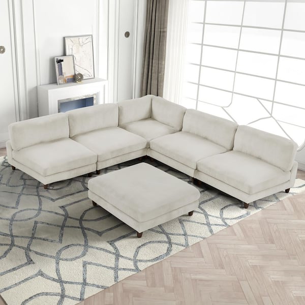 Furniture of America Rontop 133.5 in. 6-Piece Corduroy Fabric L-Shaped Sectional with Modular Design and Adjustable Back Support in Beige