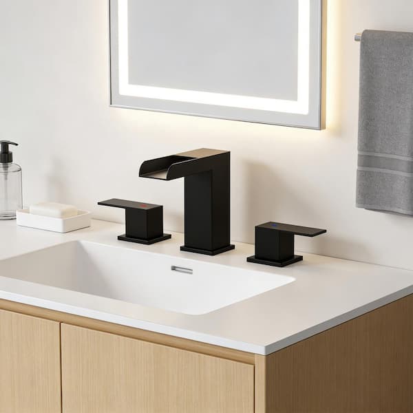 Neo 8 in. Widespread 2-Handle Bathroom Faucet 3-Hole Bathroom Sink Faucet with Pop-Up Drain in Matte Black