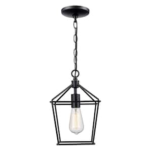 8 in. 1-Light Black Farmhouse Mini Pendant Light Fixture with Caged Metal Shade