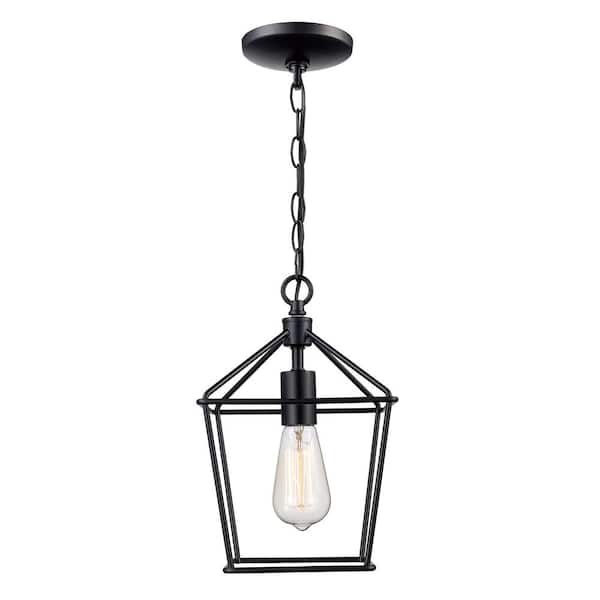 Bel Air Lighting 8 in. 1-Light Black Farmhouse Mini Pendant Light Fixture with Caged Metal Shade