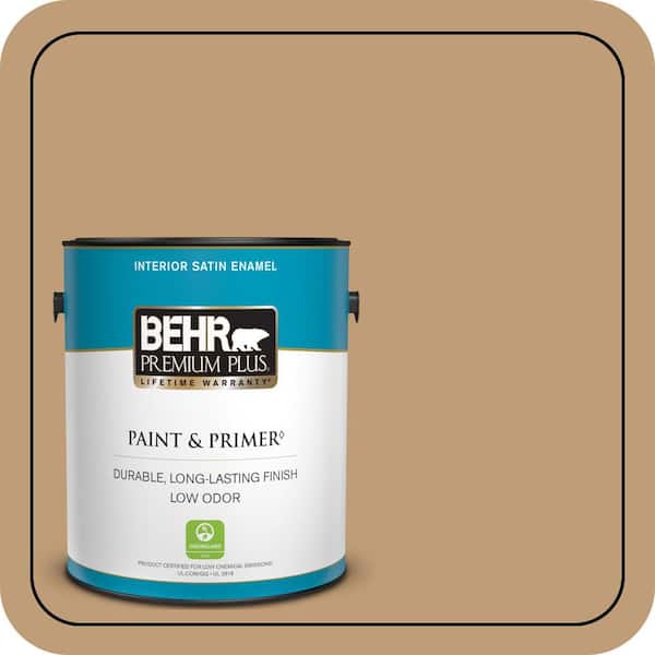 BEHR PREMIUM PLUS 1 gal. #300F-4 Almond Toast Satin Enamel Low Odor Interior Paint & Primer