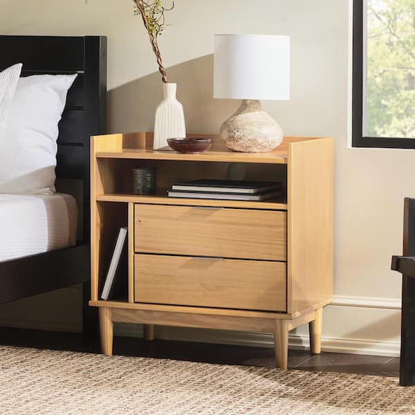 Walker Edison Furniture Company 2-Drawer Natural Solid Wood Mid-Century Modern Nightstand with Tray Top