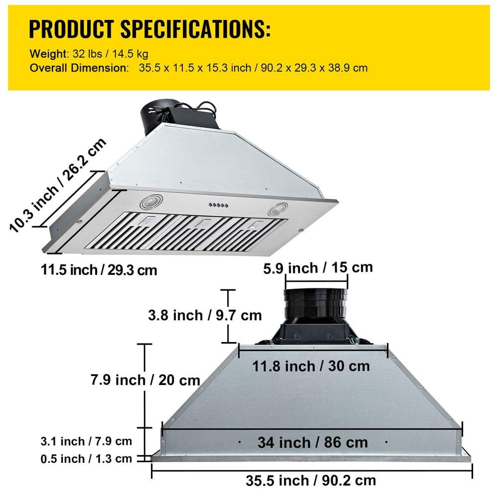 36-Inch Stainless Steel Convertible Insert Range Hood with Charcoal Filter