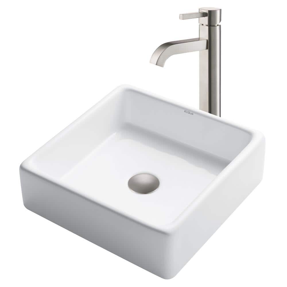 15-inch White Ceramic Square Vessel Sink with Satin Nickel Faucet