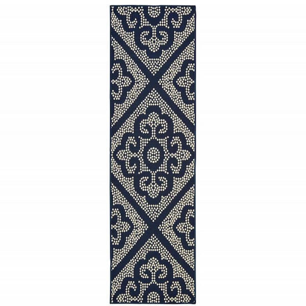 Blue, Ivory 2 X 8 ft. Loomed Geometric Polypropylene Rectangle Indoor/Outdoor Area Rug
