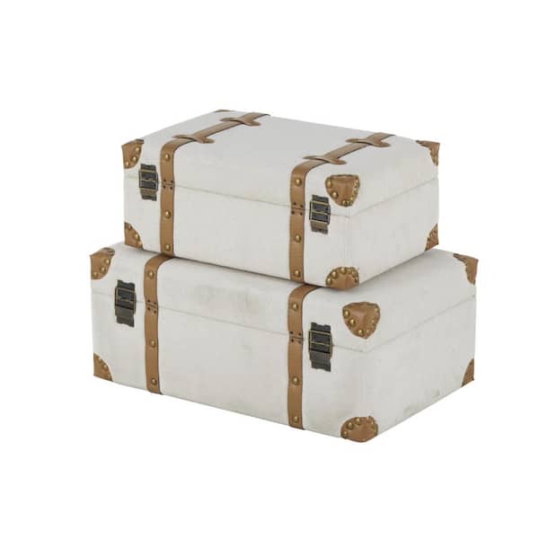 20 in. Light Gray Wooden Vintage Storage Trunk with Brown Leather Accents and Bronze Latches (Set of 2)