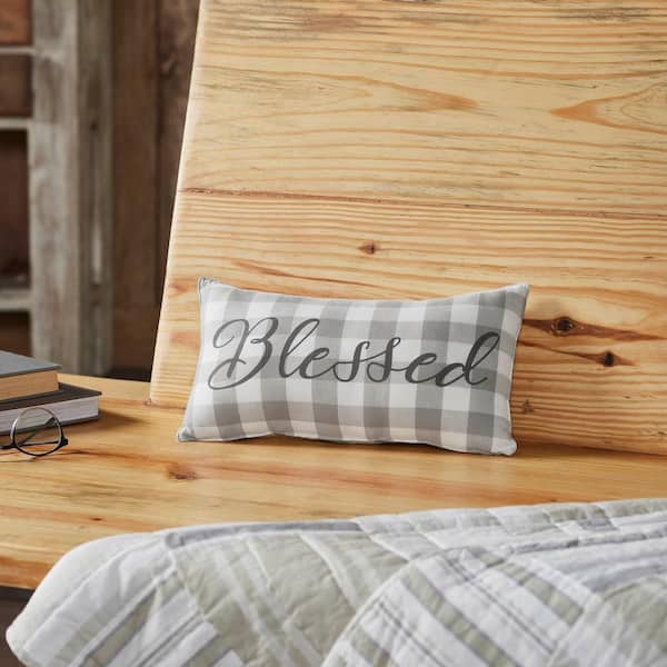 VHC Brands Finders Keepers Soft White, Ash Grey Farmhouse Checkered Blessed 7 in. x 13 in. Throw Pillow