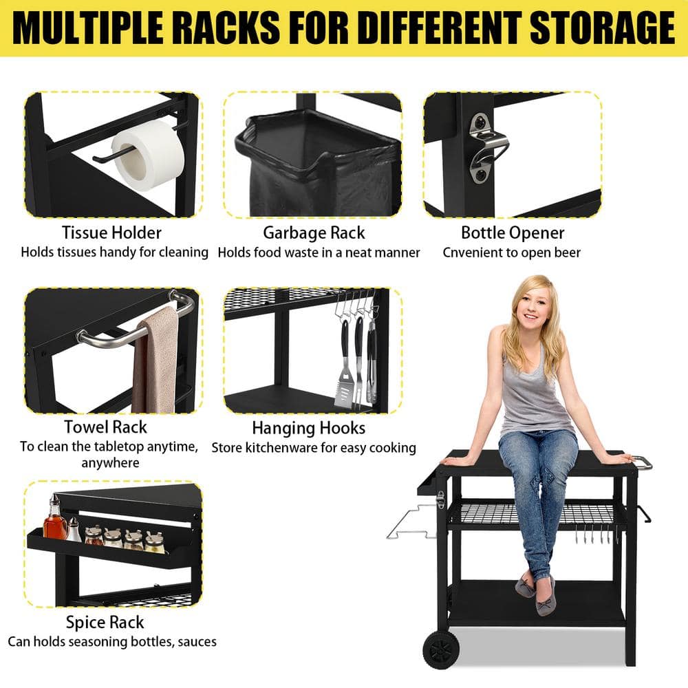 Black Iron 3-Shelf Outdoor Grill Cart with Wheels