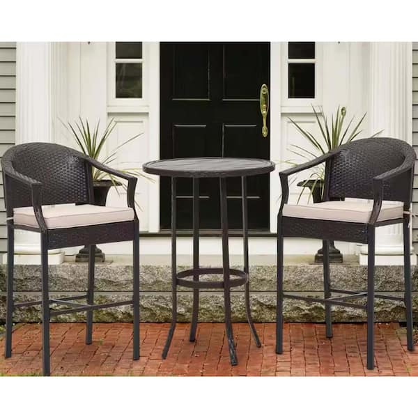 Zeus & Ruta 3-Piece Black Wicker Outdoor Bistro Table with Beige Cushions and 2 chairs for Backyard, Poolside, Garden