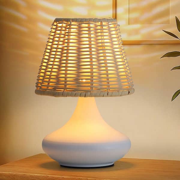 8 in. White Dimmable LED Table Lamp with USB Port and Rattan Shade for Bedroom or Living Room