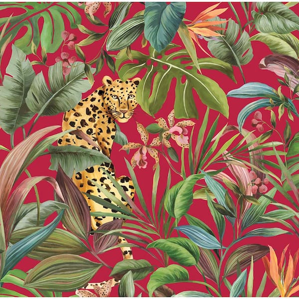 NextWall 40.5 sq. ft. Gloss Red Tropical Leopard Vinyl Peel and Stick Wallpaper Roll