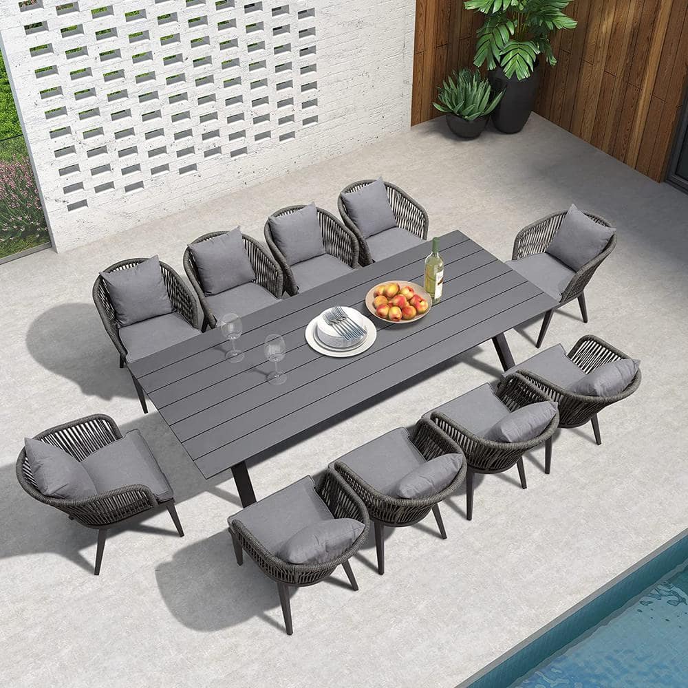 11-Piece All-Weather Wicker Outdoor Dining Set with Table All Aluminum Frame and Gray Cushions for Garden Backyard Deck -  PURPLE LEAF, PPL04DSH11AW250