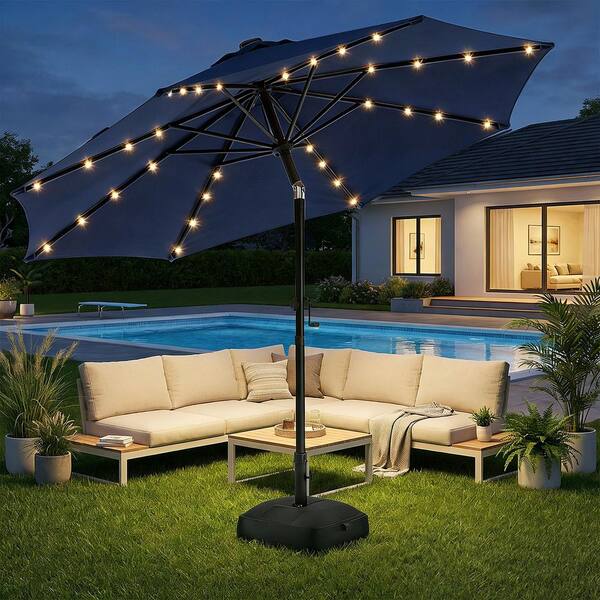 lohasco 10 ft. Solar LED Lighted Market Patio Umbrella with Base in Navy Blue lohasco 10 ft. Solar LED Lighted Market Patio Umbrella with Base in Navy Blue