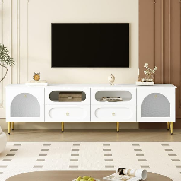78.8 in. White TV Stand Fits TVs Up to 85 in. with 4 Drawers, 2 Cabinets and 6 Metal Legs