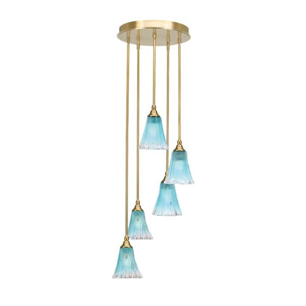 Unbranded Villa 5 Light New Age Brass Pendant, Cluster Pendant Light with 5.5 in. Teal Crystal Glass Shades, No Bulbs Included