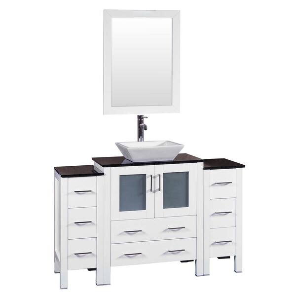 Bosconi 84 in. W Single Bath Vanity in White with Tempered Glass Vanity Top with White Basin and Mirror