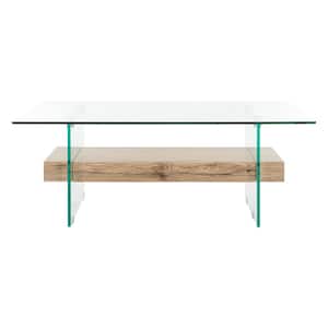 Kayley 43.3 in. Natural/Glass Large Rectangle Glass Coffee Table with Shelf