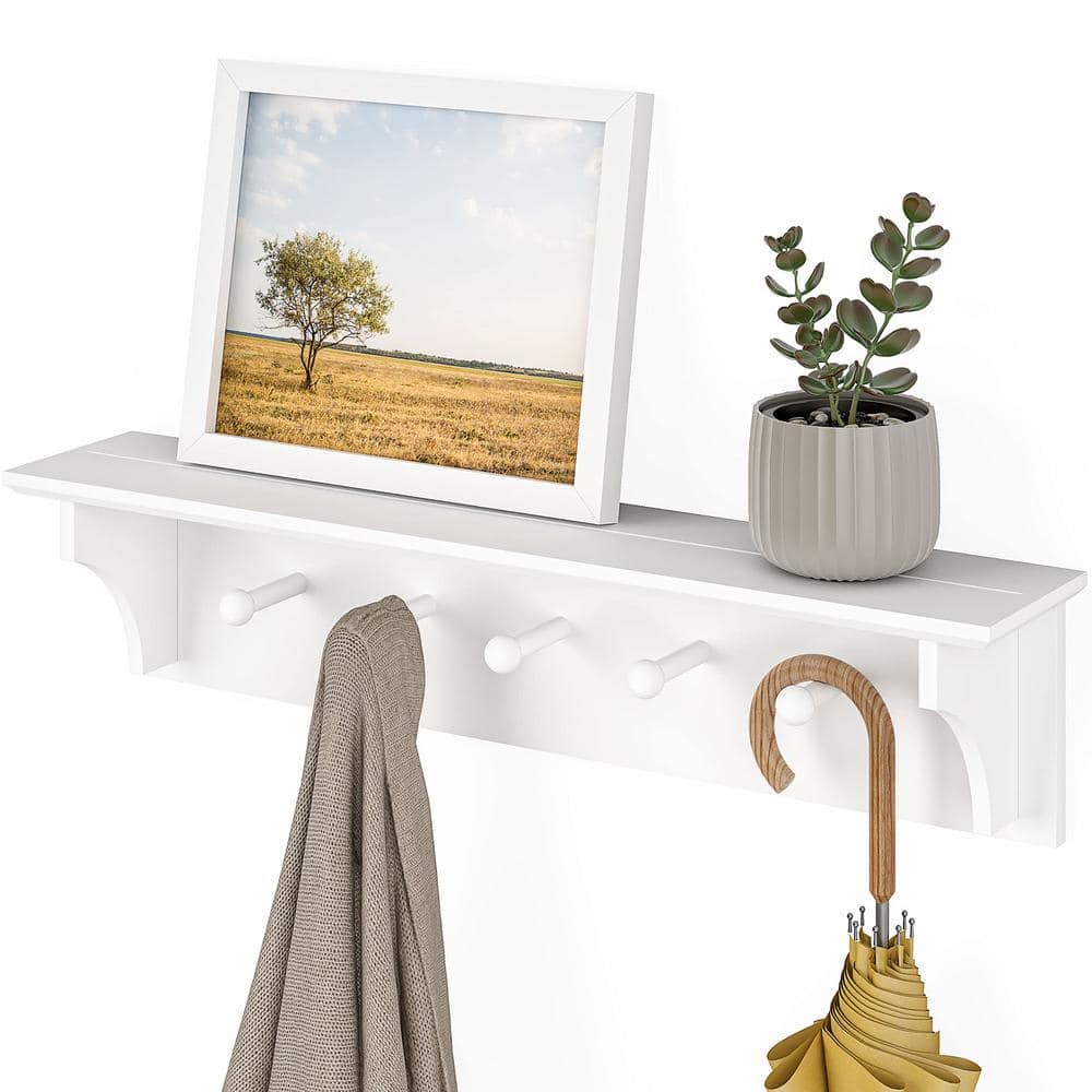 Reviews for White Floating Coat and Hat Wall Shelf Rack, 5 Pegs Hook