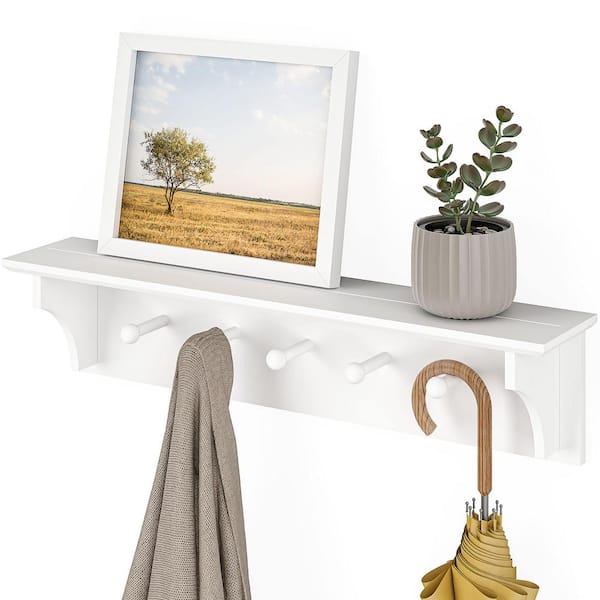 Unbranded White Floating Coat and Hat Wall Shelf Rack, 5 Pegs Hook