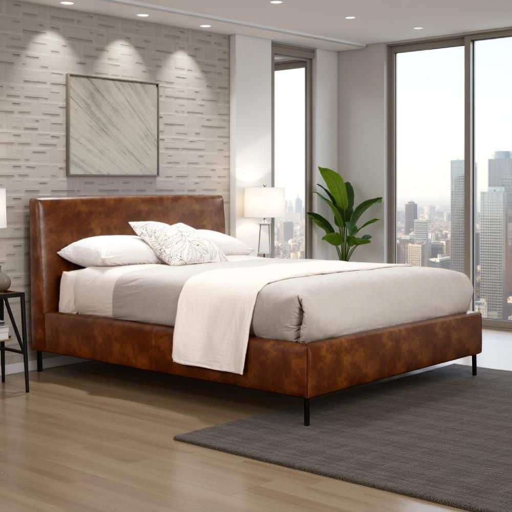 Brown Wood Frame Full Size Panel Bed with Metal Legs