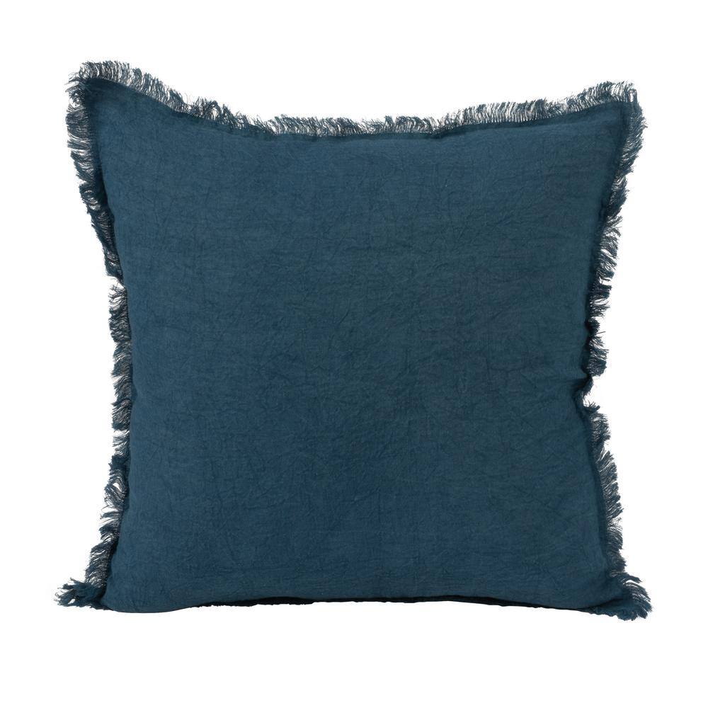 Navy Blue Stonewashed Linen Fringe Square Pillow 20"