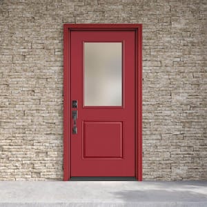 Performance Door System 36 in. x 80 in. 1/2 Lite Pearl Right-Hand Inswing Red Smooth Fiberglass Prehung Front Door