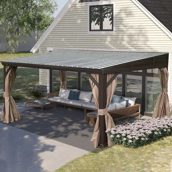 10 ft. x 12 ft. Brown Aluminum Wall Mounted Lean-to Hardtop Gazebo with Galvanized Steel Roof, Curtains and Netting