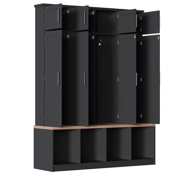 Nestfair Black 8-door Hall Tree with Walnut Seating Bench, Shoe Cabinet and 4 Hidden Hanging Hooks HTOT2882B