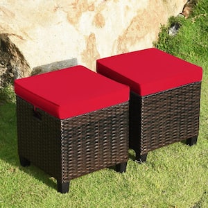 Patio Rattan Wicker Outdoor Ottoman Footrest Garden with Red Cushion (Set of 2)