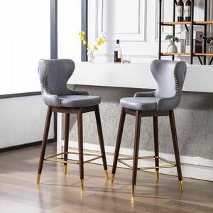 42.5 in. Blue High Back Wood Frame Leather Bar Stools, Tufted Gold Nailhead Trim Decoration Bar Chairs(Set of 2)