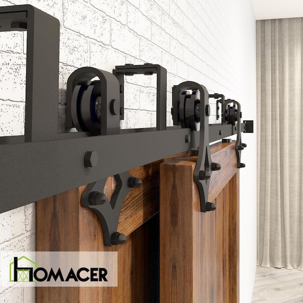 Homacer online Black Rustic Double Track U-Shape Bypass Sliding Barn Door Hardware Kit - Bucks Design Roller