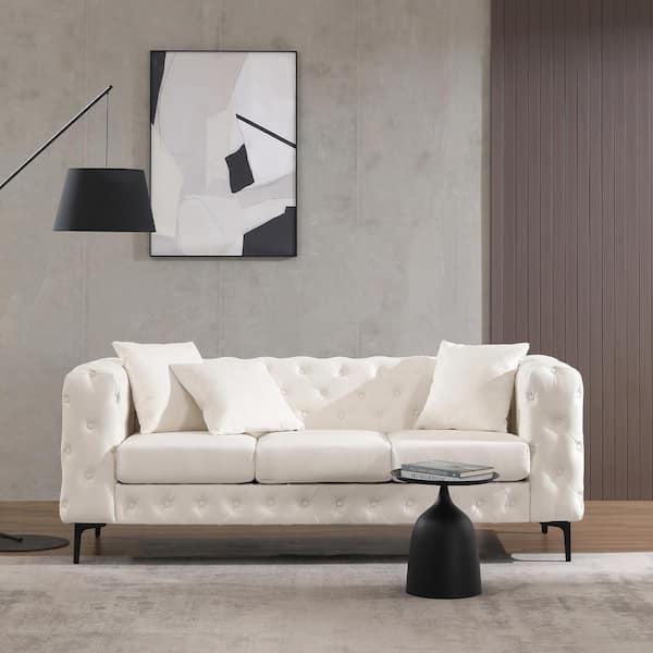 Modern Glam Beige Track Arm Faux Leather Sofa Couch with Tufted Button for Living Room Apartment