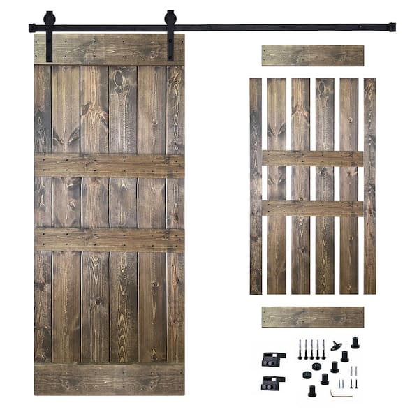 Akicon 30 in. x 84 in. Dark Brown Painted Wood Sliding Door with Hardware Kit, Pre-Drilled Ready to Assemble