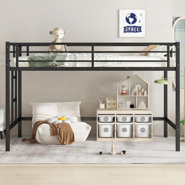 Black Twin Size Metal Low Loft Bed for Kids, Heavy Duty Kids Loft Bed for Boys Girls Junior, Space Saving