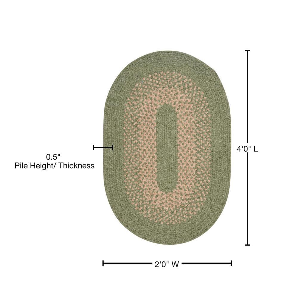 Green and Beige Oval Braided Wool Blend Runner Rug