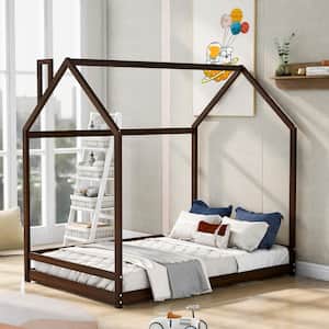 Espresso Full Size House Bed Frame Floor Platform Bed for Kids and Toddler, Wood House Roof Canopy Platform Bed Frame