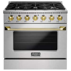 36 in. 5.2 cu. ft. 6 Burners Gas Range and Convection Oven with Gold Knobs and Handle in Stainless Steel