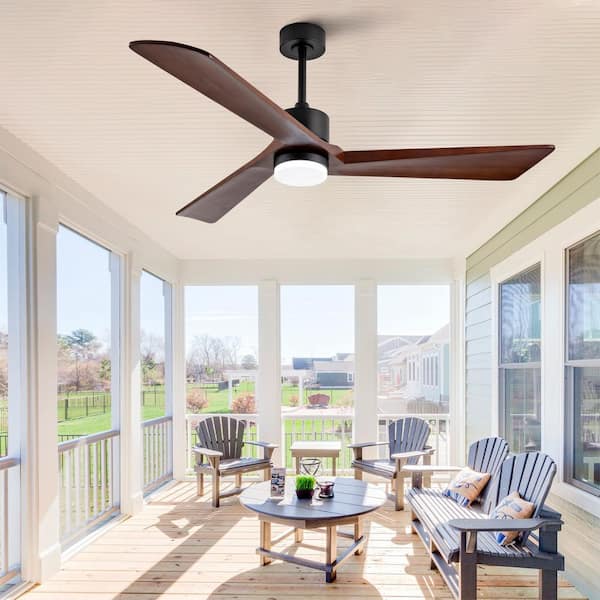 60 in. Indoor/Outdoor Black Flush Mount Leaf Ceiling Fan with 3 Solid Wood Blades, Dimmable 3-Color LED and Remote