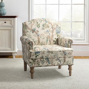 Romain Farmhouse Bird Polyester Spindle Hardwood Armchair with Solid Wood Legs and Rolled Arms