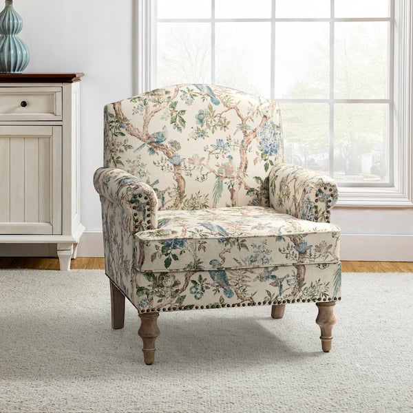 JAYDEN CREATION Romain Farmhouse Bird Polyester Spindle Hardwood Armchair with Solid Wood Legs and Rolled Arms