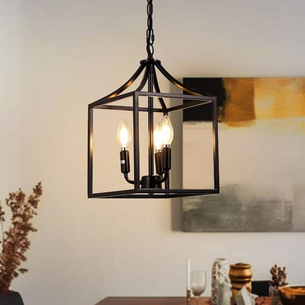 3-Light Matte Black Geometric Cage Chandelier Pendant Lantern, Modern Industrial Hanging Light for Kitchen Island