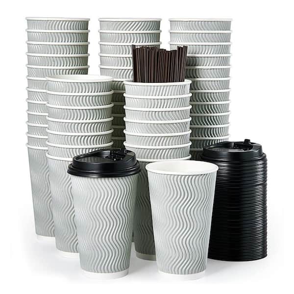 16 oz. Silver Grey Kraft Paper Disposable Insulated Ripple Coffee Cups With Lids and Straws 80 Piece Case