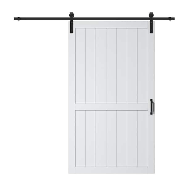 48 in. x 84 in. White Soft Close Paneled H Style White Primed MDF Sliding Barn Door Slab with Hardware Kit