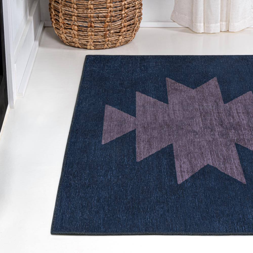 Navy and Purple Geometric Chenille 4' x 6' Washable Rug