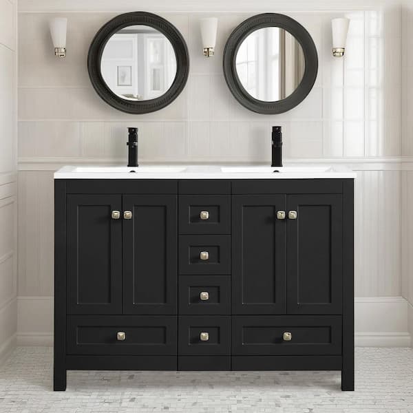 48 in. W. x 18 in. D x 34 in. H Double Sink Freestanfing Bath Vanity in Black with White Resin Top and Drain Faucet Set